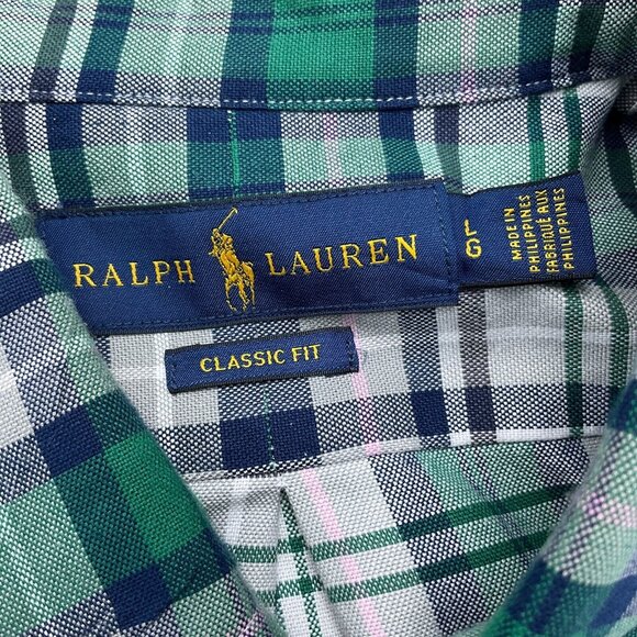 Ralph Lauren Shirt Men Large Green Pink Plaid Classic Fit OCBD Classic Preppy - Picture 5 of 12